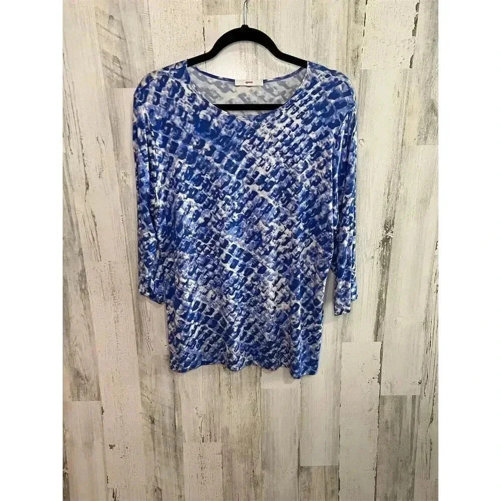 Leggiadro Women's‎ Blue Geometric 3/4 Sleeve Blouse Size 5 XL (14/16) Casual Top